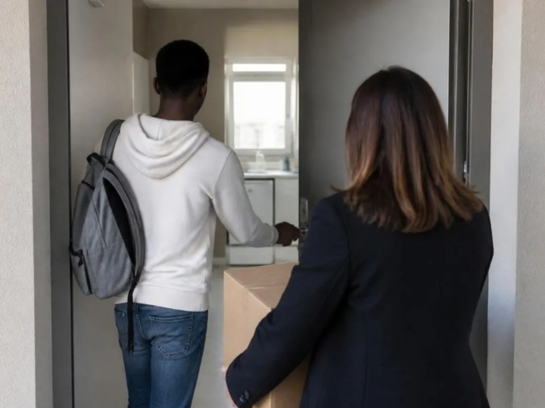 Un jeune, vu de dos, ouvre la porte de son logement meublé, accompagné d'une éducatrice qui porte un carton
