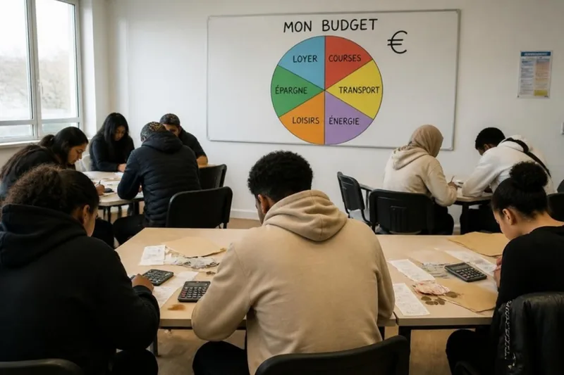 Atelier collectif sur la gestion du budget : jeunes vus de dos autour de tables avec calculatrices et tickets