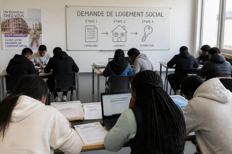 Atelier collectif sur la demande de logement social : jeunes vus de dos en petits groupes, tableau présentant les étapes