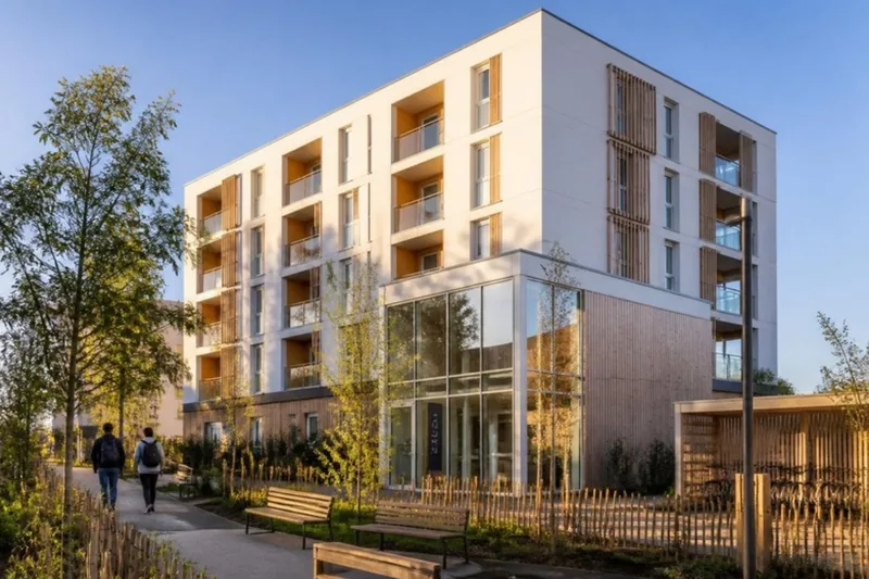 Résidence pour jeunes vue de l'extérieur, avec jardin et hall d'entrée vitré