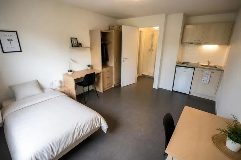 Studio meublé avec lit, bureau, armoire, coin cuisine et salle d'eau